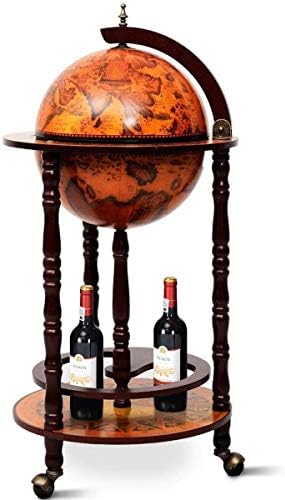 17" Wooden Globe Wine Rack, Wooden Globe Wine Bar Stand, Freely Movable Stable Liquor Bottle Shelf, Nautical Chart Wine Storage Cabinet, 16th Century Retro Wine Cupboard, Retro Brown