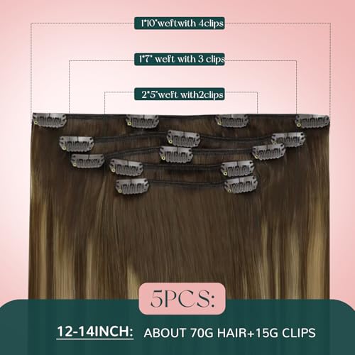 Image of Easyouth Clip in Extensions Real Human Hair Balayage Natural Hair Extensions Clip ins Dark Brown Fading to Caramel Blonde Mix Brown Clips in Real Hair Extension for Women 5Pcs 80g 16 Inch