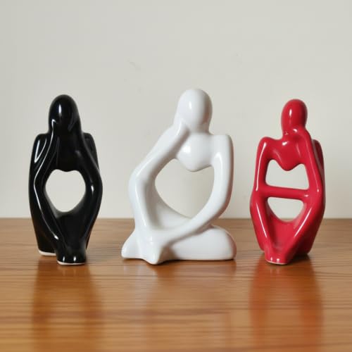 Image of Ceramic Thinker Statue Set of 3 (5 inch Inch) | Abstract Modern Human Figurines | Showpieces for Home Decor, Living Room, Office Desk & Bookshelf | Housewarming Gift, White, Black, Red