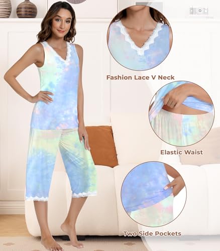 Image of NACHILA Pajamas Set for Women-Viscose Made from Bamboo, Lace V Neck Pj Tank Top Capri Pants Sleeveless Pjs Soft Sleepwear