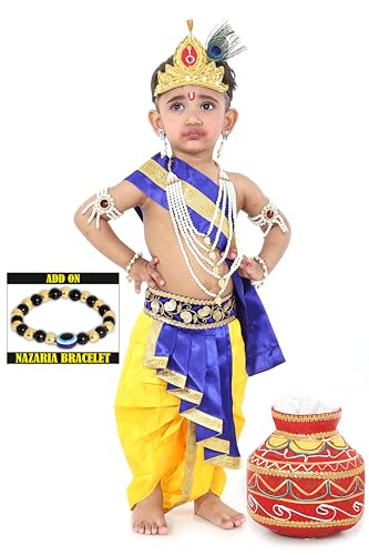 Image of Krishna Dress for Kids, Baby Krishna Dress for Janmashtami with Krishna Mukut, Peacock Feather & Flute Embroidered Krishna Costume for Girl & Boy, 3 Months-8 Years