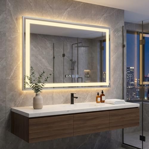 YOURLITE Badspiegel mit Beleuchtung 80x60 cm,LED Badezimmerspiegel mit Uhr & Metallrahmen,3 Lichtfarben Dimmbar,Antibeschlag Touch-Schalter,Memory-Funktion,IP44 Wandspiegel für Badezimmer,Silber