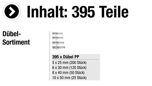 Connex Dübel-Sortiment 395-teilig - Polypropylen - Diverse Größen im Set (Ø 5 / 6 / 8 / 10 mm) - Für einfache Befestigungsarbeiten in Vollstein & Beton / Dübel-Set im Eimer / Universaldübel / B30024