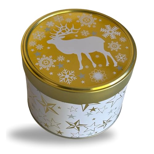 MediMuc Reno Gold – Preciosa lata redonda con estrellas, tapa con diseño de reno, apta para alimentos, lata de galletas