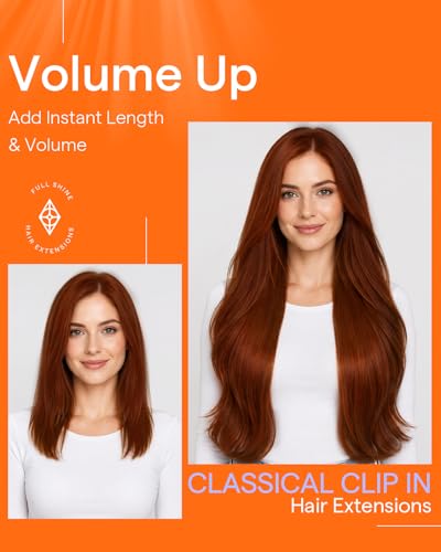 Image of Full Shine Clip in Extensions Real Human Hair Copper Mahogany | Real Human Hair Extensions Clip ins, Dark Auburn, Glam Look, for Festivals, 22 Inch 7 Pcs 120g