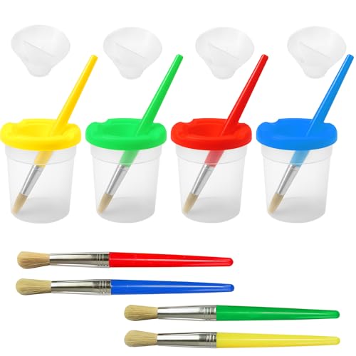 pangdapengpeng Gobelets de Peinture avec Couvercle, 4 Couleurs Tasses à Peinture Anti Déversement avec 4 Pinceaux Assortis, Pots de Peinture Étanches pour École,...
