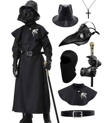 Coseaon Plague Doctor Costume Kids Halloween Cosplay Outfit Set with Mask Hat Robe Cane (A 140)