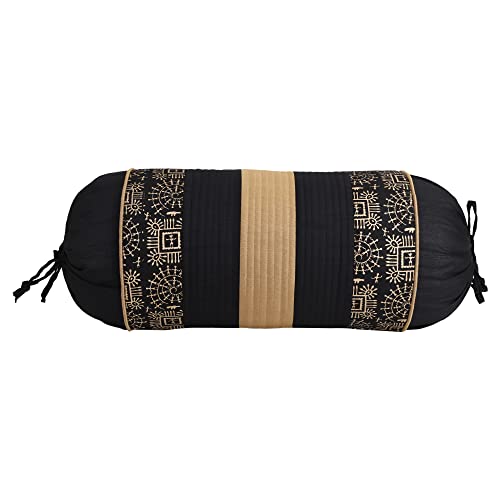 Image of Gifts Island Set of 2 Polyester Silk Traditional Hand-Block Printed & Striped Bolster Covers (Black)