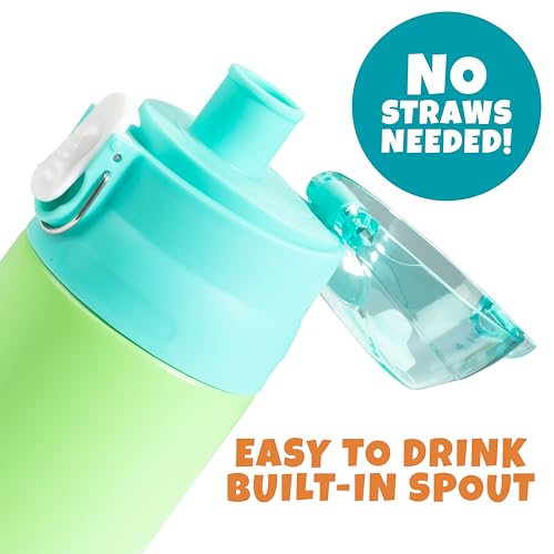 Image of Bentology Stainless Steel 13 Oz Reusable Water Bottle for Kids, Green | Double Wall Insulated, Spill Proof Lid W /Built-in Straw- Keep Liquids Hot or Cold- Easily Fits in Lunch Boxes & Bags