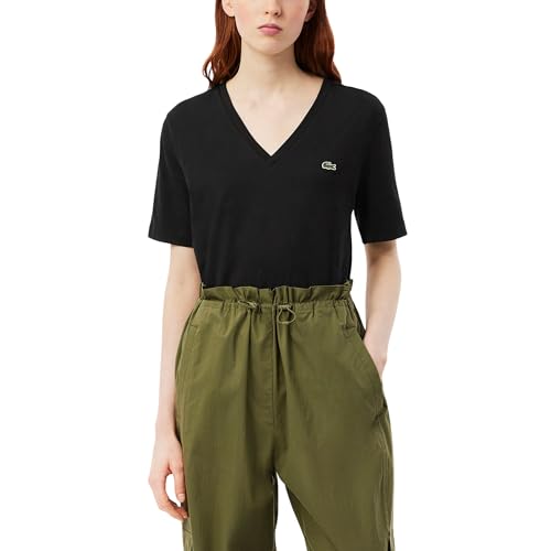 Lacoste Women's Relaxed Fit Soft Cotton V Neck T-Shirt, Black, 10