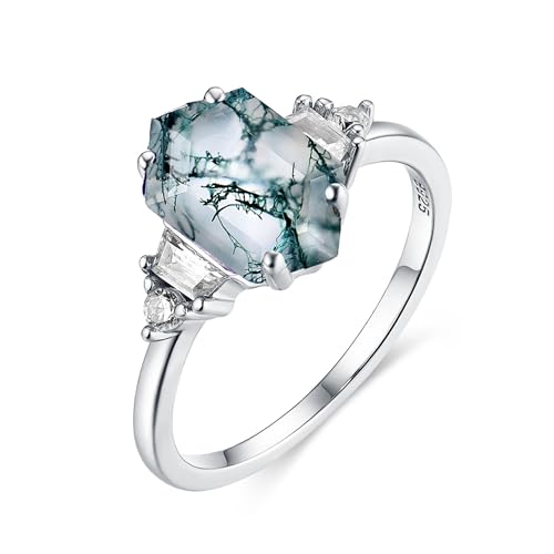 Hexagon Natural Moss Agate Gemstone Rings for Women Solid 925 Sterling Silver Ring for Wedding Engagement Jewelry
