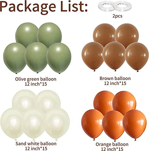 Image of Sage Green Brown Balloon, 60 Packs 12 Inch Brown Beige Jungle Safari Wild Woodland Balloon, Olive Green Orange Balloons for Birthday Thanksgiving Harvest Festivals Fall Party Decorations
