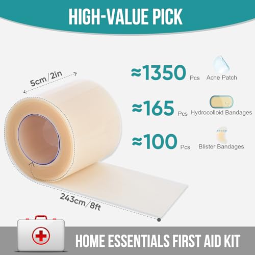 Image of Hydrocolloid Roll for Wound Care, Pimple Patch Roll Tape with Self-Adhesive, Bed Sore Bandages, Highly Absorbent for Burn, Blister, Acne Care, Waterproof (2in x 8ft)