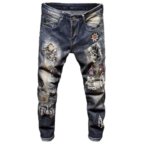 Men's Summer Printed Ripped Jeans Casual Slim Comfortable Breathable Denim Pants
