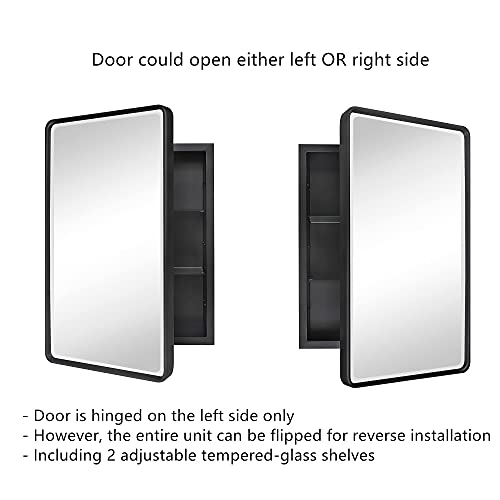 Image of TEHOME Farmhouse Black Metal Framed Recessed Bathroom Medicine Cabinet with Beveled Mirror Rounded Rectangle Bathroom Medicine Cabinet 16x24 inch