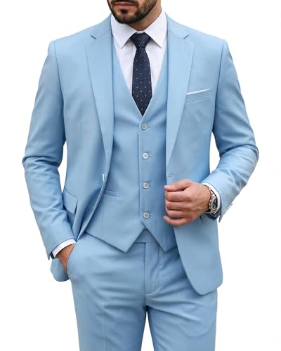 Image of MY'S Men's 3 Piece Suit Set with Tie, One Button Slim Fit Solid Jacket Vest Pants, Prom Party Wedding Business Suits for Men