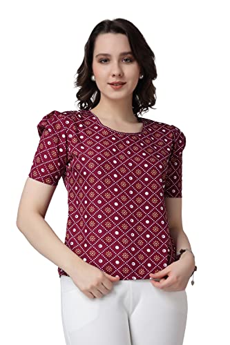 Image of POPWINGS Casual Printed Puff Sleeves Round Neck Top for Women || Stylish Summer Tops for Women || Hip-Length Women Top