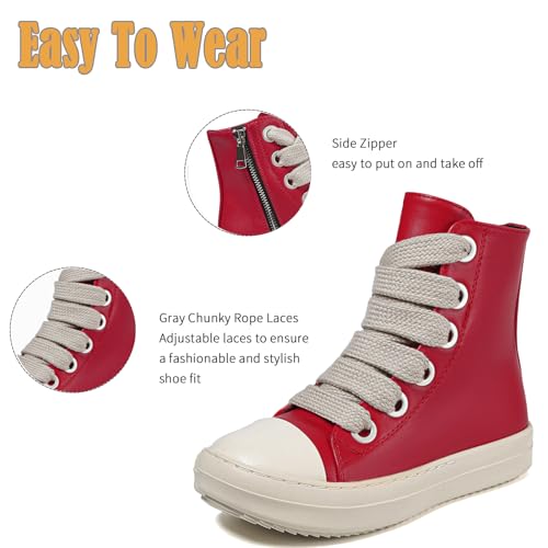 Kids High Top Sneakers Zipper Lace Sneakers Girls Multi Colored Thick Sole Casual Platform Walking Shoe Red2