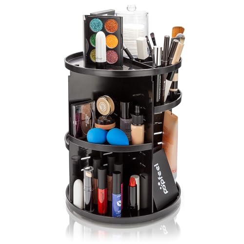 Brookstone 360° Spin Cosmetic Display Case for Vanity, Store Brushes, Lipsticks, and Other Fashion Accessories, Versatile Storage Solution, black