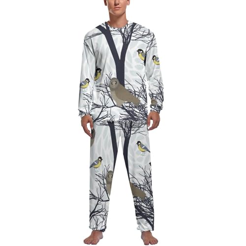 Pyjama homme haut et bas manche longue en coton motif oiseaux de la forêt pour nuit confortable