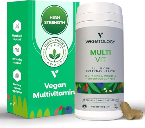 Vegetology Vegan Multivitamin Tablets for Women and Men 26 Chelated Vitamins and Minerals with Iron Vitamin B12 D3 and K2 Metabolic Brain Immune Support 60 Tablets 2 Months Supply Ages 11+