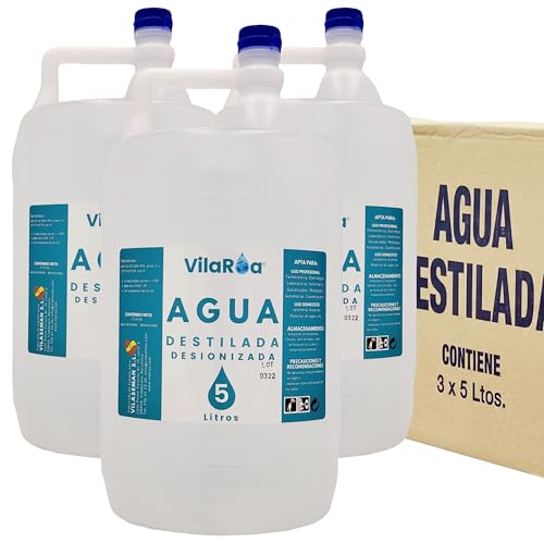 Agua Destilada Desionizada 3 Garrafa de 5 Litros, Agua Desmineralizada Alta Pureza Técnica para CPap, Autoclave, Humidificador, Plancha, Motores, Limpieza, Laboratorio, Plantas, Acuario, Bateria