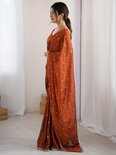 Image of AKHILAM Women's Pure Georgette Embroidered Saree With Unstitched Blouse Piece