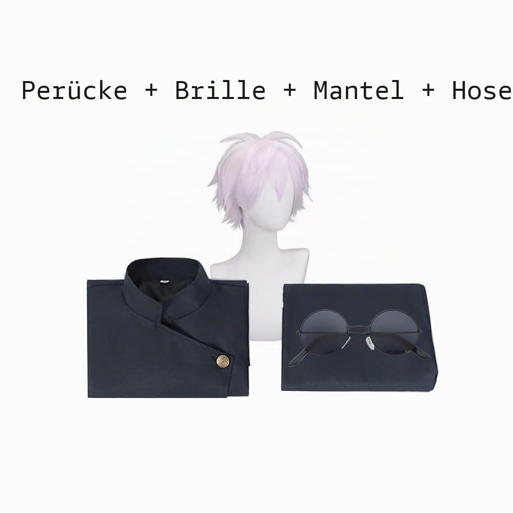 JJK Gojo Satoru Cosplay Kostüm Set Schuluniform und Hose Brille mit Perücke Vollkostüm Halloween Karneval Party Cosplay Dress Up
