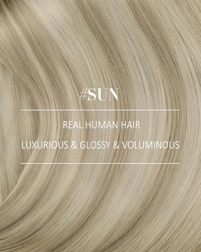 Image of YoungSee Blonde Clip in Hair Extensions 12 Inch Short Human Hair Clip ins Extensions Ash Blonde Balayage Platinum Blond, Easy to Wear at Home, Clip in Extensions Real Human Hair for Beginners 7Pcs 85G