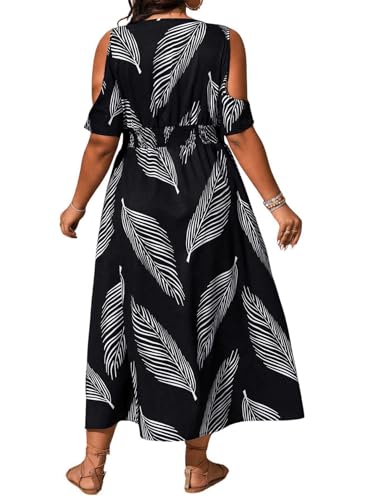 Floerns Women's Plus Size Cold Shoulder Tropical Print V Neck Flared A Line Long Dress2