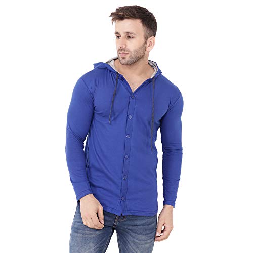 Image of Geum Men's Full Sleeve Hooded T-Shirt with Button-Down Front | Casual Slim Fit Cotton Shirt-Style Tee
