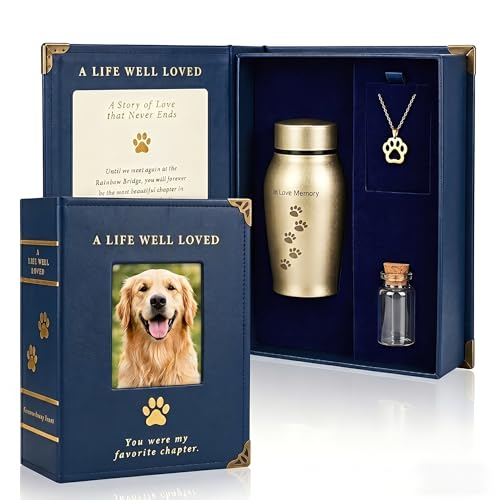 BebyComforyWell Decorative Pet Urns for Dog/Cat Ashes - Luxury Leather Book Style Dog Urn Set with Photo Window Keepsake Urn Pet Memorial Fur Vial Necklace Dog Memorial Gifts for Loss of Dog Cat