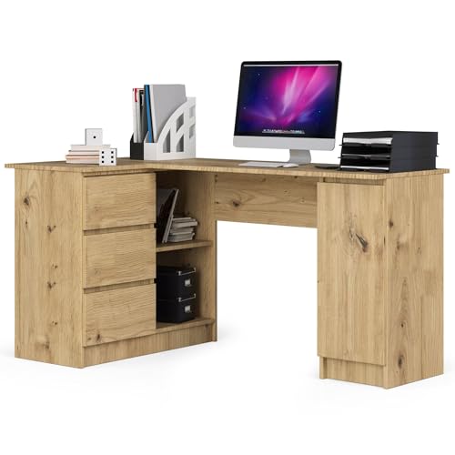 AKORD Bureau Ordinateur D`Angle B-20 | L155 x H77 x P85 60 kg | 3 Tiroirs 2 Étagères Étagère avec Porte | Grand Bureau de Chambre PC Desk Table | Chêne...