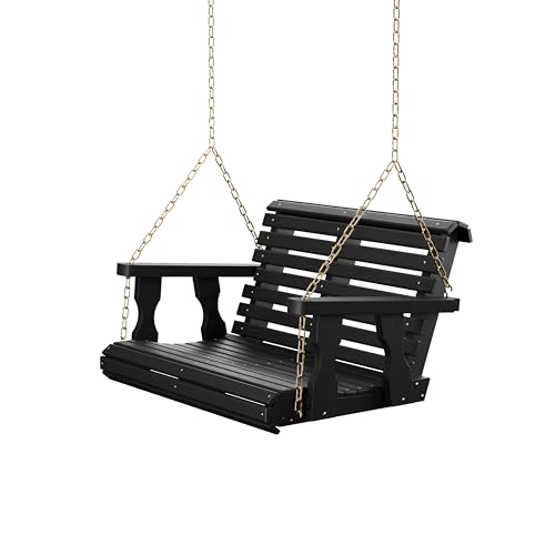 Image of Amish Casual Heavy Duty 700 Lb Capacity Porch Swing (3 Foot, Semi-Solid Black Stain) - Wooden Outdoor Roll Back Swing with Hanging Chains - Amish Made in the USA
