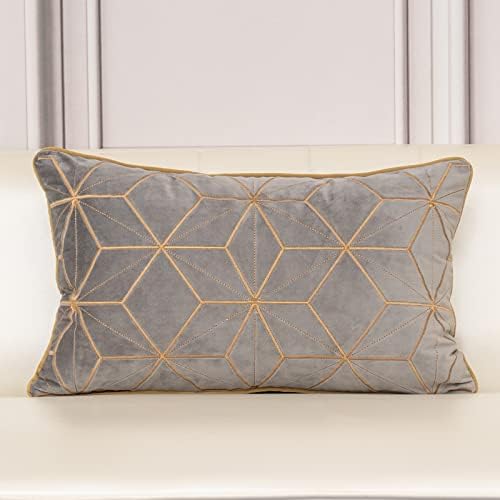 Aeckself 12 x 20 Inch Grey Gold Plaid Geometric Lines Embroidery Velvet Cushion Case Luxury Modern Lumbar Throw Pillow Cover Decorative Pillow for Couch Living Room Bedroom Car 30 x 50cm
