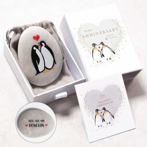 1 Year Anniversary Penguin Pebble Gifts For Her Him, Valentines Day 1st Anniversary Ideas One Year Card For Boyfriend Girlfriend, Happy First Anniversary Wedding Decorations Gift For Husband Wife Men Women