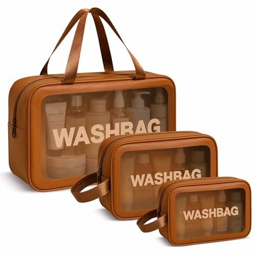 Image of FLYNGO Clear Makeup Pouch Set, Cosmetic Organizer Bag for Women and Girls Travel Waterproof Toiletry Storage Kit (Set of 3 Tan Brown)