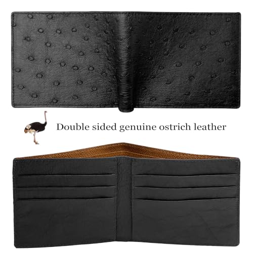 Image of Black Ostrich Double Side Leather Bifold Wallet, RFID Blocking Mens Wallet