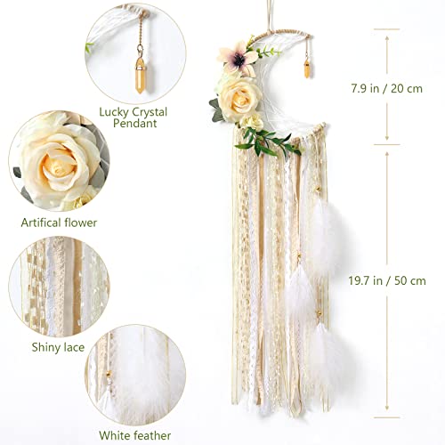 Dremisland Boho Dream Catchers Boho Wall Decor Feather Lace Flowers Dream Catcher Floral Greenery Wall Hanging For Girls Kids Nursery Bedroom Wall Decor Wedding Decoration Ornaments Craft(Moon-Flower) #TOP3