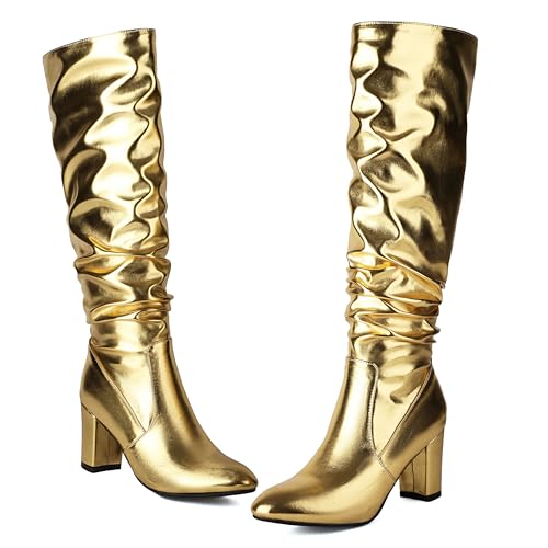 BEAUPAS Women's Knee High Boots Metallic Slouch Boots Chunky High Heel Tall Boots Round Toe Dress Shoes2