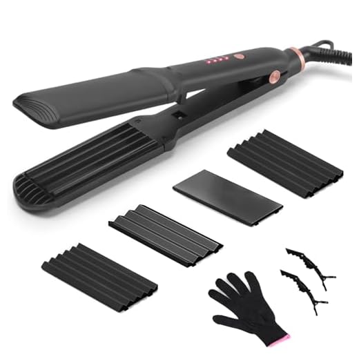 Plancha de crimpar, Plancha Rizadora con 4 Placas Intercambiables para crear volumen y textura, Calentamiento Instantáneo, Ajuste de Temperatura, Cerámica Plancha de Pelo para Alisar e Rizar (Negro)