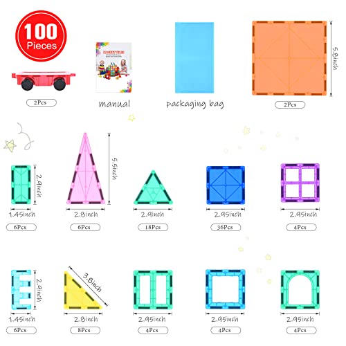 Image of Magnetic Building Blocks 100 Pieces for Children from 3+ Years Strong Magnet Montessori Toy Children STEM Learning Toy Gift to Promote Creativity for Boys Girls (100 Pieces)