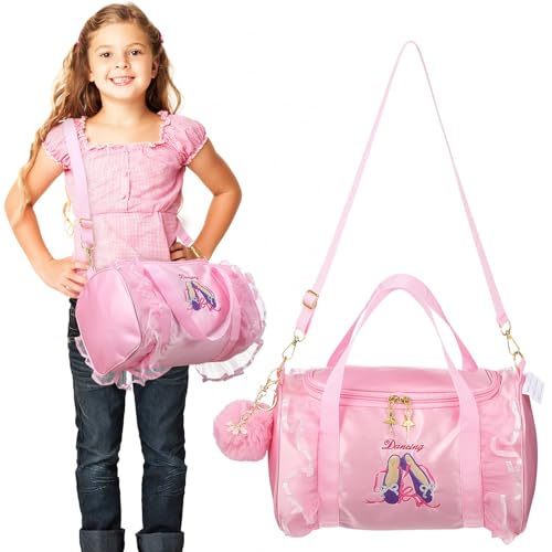 SHERCHPRY Bolso de Mano Bordado para Ballet en Rosa con Gran Capacidad, Material Poliéster y Llavero de Bola de Peluche, Adecuado para Clases y Presentaciones de Danza