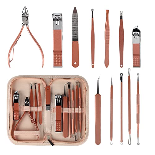 Blackhead Remover Pimple Comedone Extractor Tool and Stainless Steel Manicure Set 12 in 1, Acne Removal Kit Pimple Popper Tool Kit-Best Nail Care Tools with Leather Bag