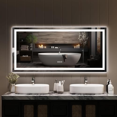 Image of GarveeHome 55x26 LED Bathroom Mirror with Lights, Dimmable, Anti-Fog, Backlit + Front Lit, Lighted Bathroom Vanity Mirror for Wall, Memory Function, Shatter-Proof (Horizontal /Vertical)