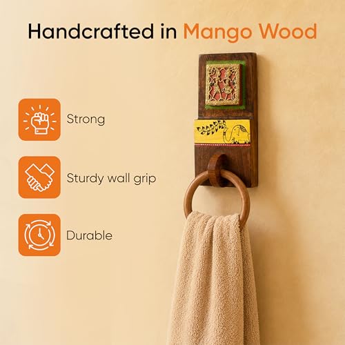 Image of Aakriti Art Creations Art Fusion Wooden Towel Holder | Yellow Elephant Towel Hanger | Handcrafted Dhokra Madhubani Inspired Towel Holder | Matte Finish Natural Wall Mounted