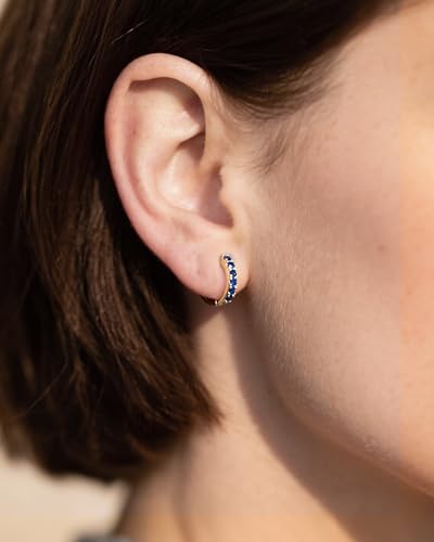 Tiny Blue Sapphire Gold Huggie Earrings for Women, Hypoallergenic 14K Gold Plated Small Blue Cubic Zirconia Hoop Earrings Cuff for Women Jewelry Gifts3