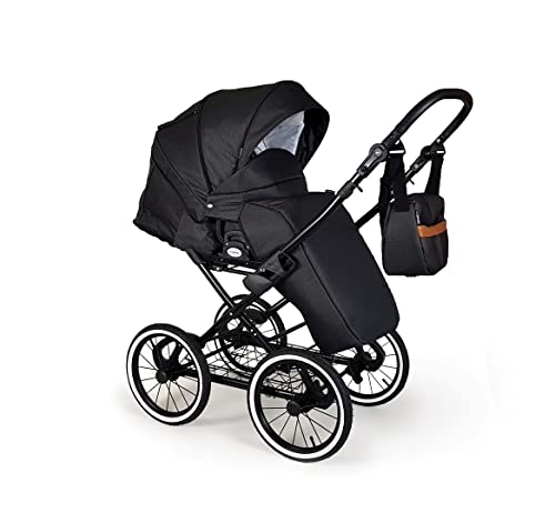 Kinderwagen DESIGN Retro Stil 3in1 Kinderwagenwanne mit Sportwagenaufsatzes XXL Zubehör inkl. ab Geburt NEU Schwarz R35