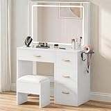 YITAHOME Vanity Desk with Large 35' Mirror and LED Lights, Makeup Vanity Set with 4 Drawers and Stool, Ample Storage & Power Strip, Brightness Adjustable, Dressing Table, Milk White