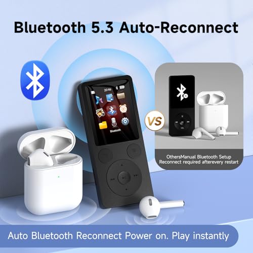 64GB MP3 Player Bluetooth 5.3 & Lautsprecher – Upgrade mit physischen Tasten (Zurück, Menü, Lautstärke), Nur 37g mit Kopfhörer FM Radio Diktiergerät Mini-Design HiFi-Sound, bis zu 128G